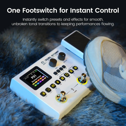 Dual Stomp Multi Effects Guitar Pedals Dope Rechargeable Processor with footswitch on shag carpet stage environment