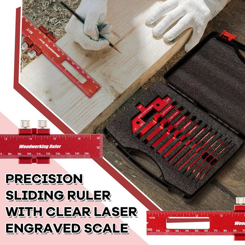15 Piece Router Table Setup Block Set With 0.002 Inch Aluminum Height Gauge And Sliding Ruler For Dead On Depth, Height, And Angle Alignment In Woodworking Jigs, Tool Calibration, And Router Table Projects, red aluminum blocks in case