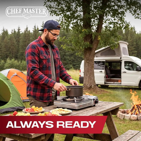 Man using Dual Fuel Camp Stove with 12,000 BTU for camping and emergencies, portable butane and propane burner, in outdoor setting