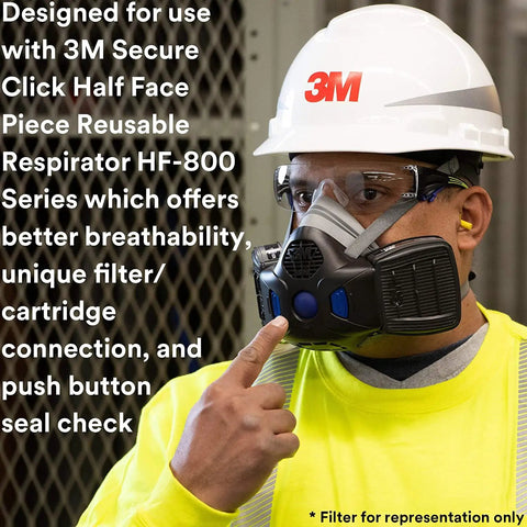 Worker wearing P100 Respirator Cartridge Filter For Secure Click D80926 MultiGas Vapor Cartridge NIOSH Approved Dual Flow Design