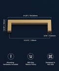 Heritage Designs Contemporary Cabinet Pull 3-3/4 Inch Center to Center Brushed Brass Finish with size details and features