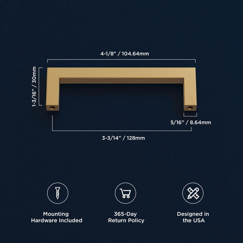 Heritage Designs Contemporary Cabinet Pull 3-3/4 Inch Center to Center Brushed Brass Finish with size details and features