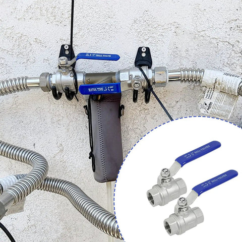 Installed 2 Pack One Half Inch Stainless Steel Ball Valve 304 Full Port NPT Female Beefy Heavy Duty Shut Off Valves With Blue Locking Handles