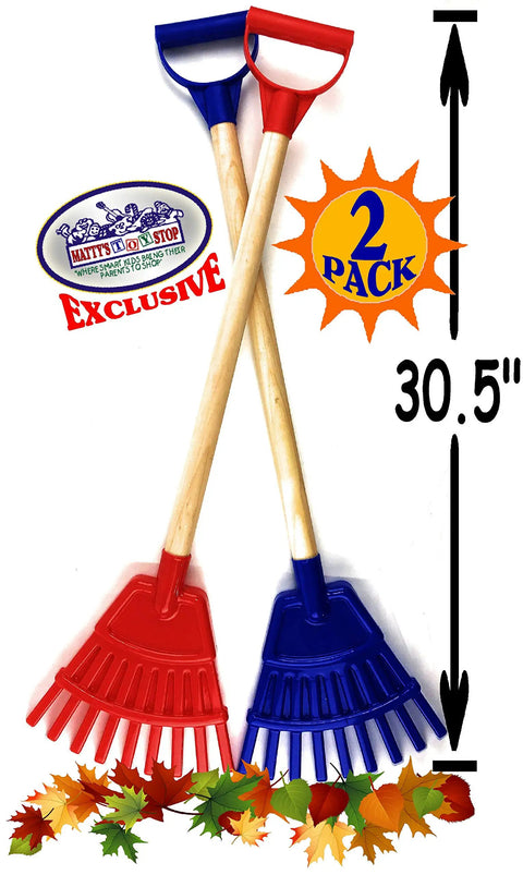Heavy Duty Wooden Kids Lawn Rakes Set Of 2 30.5 Inch Rakes With Plastic Head And Handle Red And Blue Colorful Garden Tools Gift Bundle