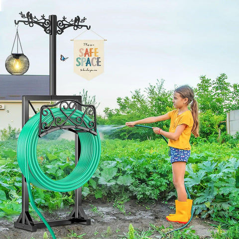 Heavy Duty Free Standing Garden Hose Holder Stand With Two Shepherd Hooks Detachable Metal Hose Storage Rack in use outdoors