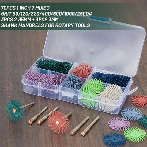 76 Piece Pro Grade Mini Bristle Disc Kit with 1-inch discs and dual mandrels in a clear case for rotary tools on wooden table
