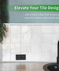 30 Ft Peel And Stick Trim For Walls And Backsplash Edges in white, shown framing a tile backsplash above a kitchen counter and sink.