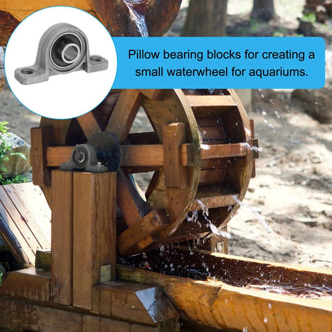 Two Pack Pillow Block Bearing For Three Eighth Inch Ten Millimeter Bore Zinc Alloy Steel Mounted Flange Self Aligning Ball Housing built into a waterwheel setup