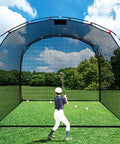Backyard Baseball Batting Cage With Open Front Design Portable Hitting Net for Youth. Boy practicing with black L-shaped net.