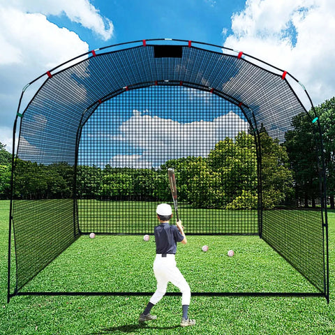 Backyard Baseball Batting Cage With Open Front Design Portable Hitting Net for Youth. Boy practicing with black L-shaped net.
