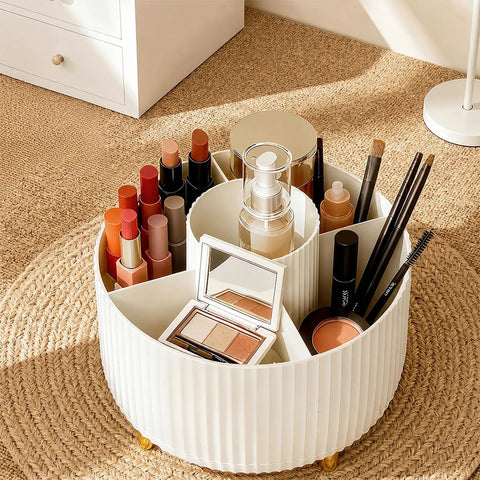 360 Degree Swivel Desk Organizer With Floral Compartments And DIY Stickers showcasing makeup and brushes in a white caddy.