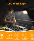 Person using 3500 Lumen Rechargeable Magnetic Work Light With Stand Portable 5000K Flood Light for car repair in a dimly lit garage