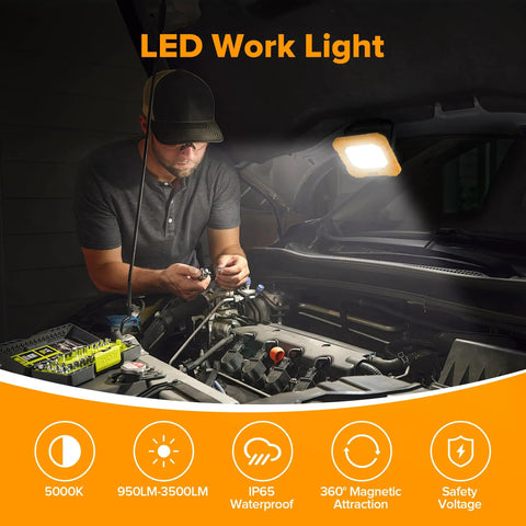 Person using 3500 Lumen Rechargeable Magnetic Work Light With Stand Portable 5000K Flood Light for car repair in a dimly lit garage
