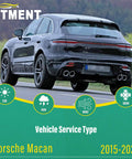 Back view of a Porsche Macan 2015-2025 driving on a road, highlighting vehicle service suitability in all weather conditions.
