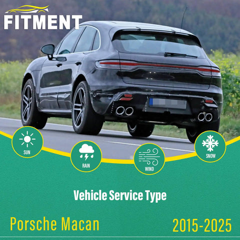 Back view of a Porsche Macan 2015-2025 driving on a road, highlighting vehicle service suitability in all weather conditions.
