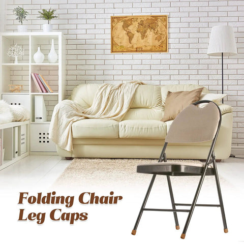 Hella Tough Brown Folding Chair Leg Caps 12 Pack Fits Like A Glove On Seven Eighth Inch Steel Tubes on a foldable chair in a living room setting.