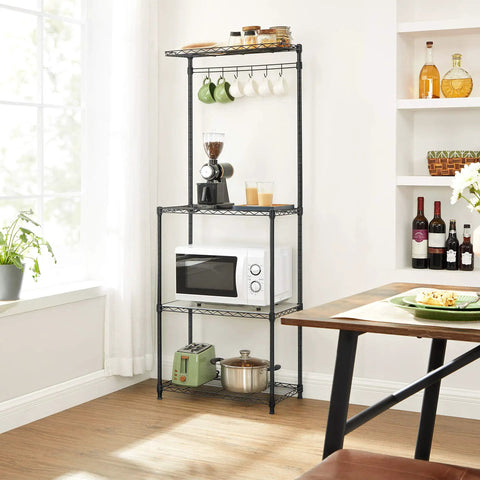 Sleek Adjustable Baker Rack Featuring Four Roomy Tiered Shelves And Six Sturdy Hanging Hooks Delivering A Straight Up Kitchen Game Changer For Counter Storage