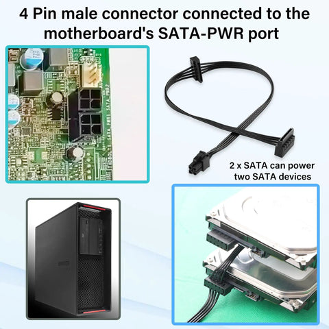 ATX 4 Pin To Dual SATA Power Adapter Cable 18 Inch Length Splitter For PC Drives Powers Two SATA Hard Drives Or SSDs From One Motherboard Connector Durable Copper Wire For Easy Install And Wide Compatibility Like A Pro., 18 inch black cable