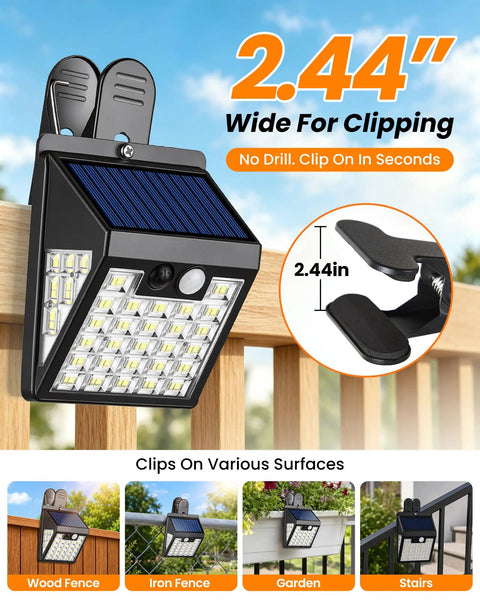 No Sweat Clip On Solar Lights Outdoor, 600 Lumens Motion Sensor Fence And Railing Spots, close-up view showcasing 2.44 inch clip.