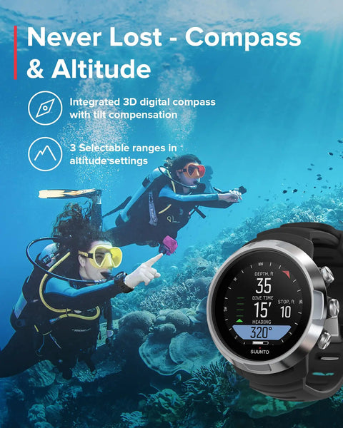 D5 Wrist Dive Computer With USB Cable Black, 100m Water Resistant, divers using compass feature in underwater exploration