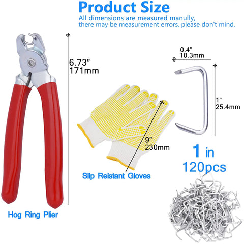 Upholstery Hog Ring Kit With Pliers 480 Piece Galvanized Set Includes Angled Pliers, Gloves, Hog Rings, Size Guide