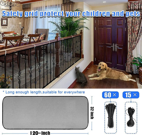 Banister Guard Mesh Net For Stairs And Balconies Kid And Pet Safe Gate 10 ft long 2.6 ft high installed on stair railing