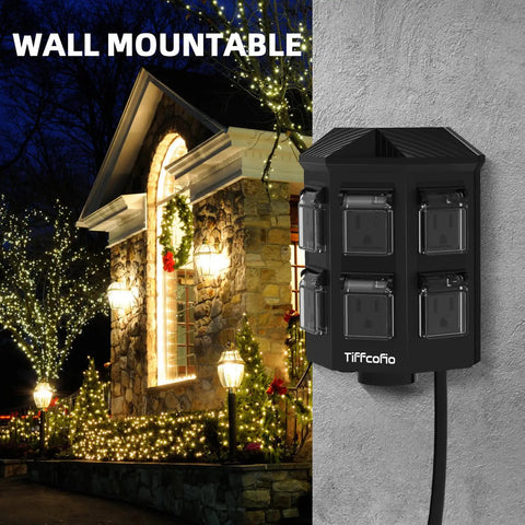 Outdoor Power Strip With 25 Ft Extension Cord, Remote Dusk To Dawn Timer, Waterproof, 6 Grounded Outlets on house wall