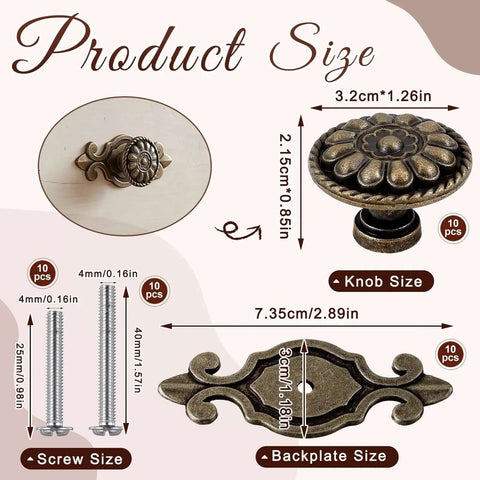 Antique Brass Cabinet Knobs Set With Backplates Flower Shape Vintage Drawer Pulls For Kitchen Cabinets Wardrobes Floral Dresser Hardware Ten Pack Easy Install Retro Vibe Decor dimensions