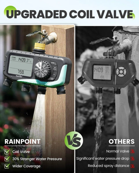 Comparison of upgraded coil valve 4 Zone Easy Sprinkler Timer for garden hose with automatic watering and brass inlet.
