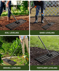 Heavy Duty Lawn Leveling Rake With 7 Feet Adjustable Handle leveling soil, sand, gravel, and fertilizer in various yard settings.