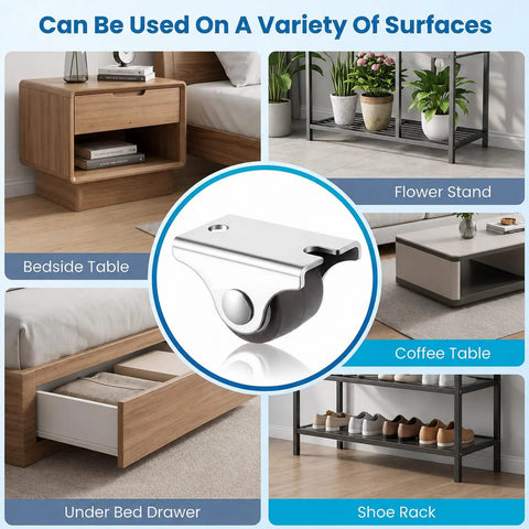 Superb One Inch Mini Caster Wheels Set Of Four Low Profile Rolling Casters With Included Screws For Couch And Table Furniture on bedside table, coffee table, and shoe rack.