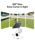 Outdoor solar security camera showcasing 360-degree pan and tilt view with AI tracking, part of 4 Cam Wireless Outdoor Solar Security Camera System.