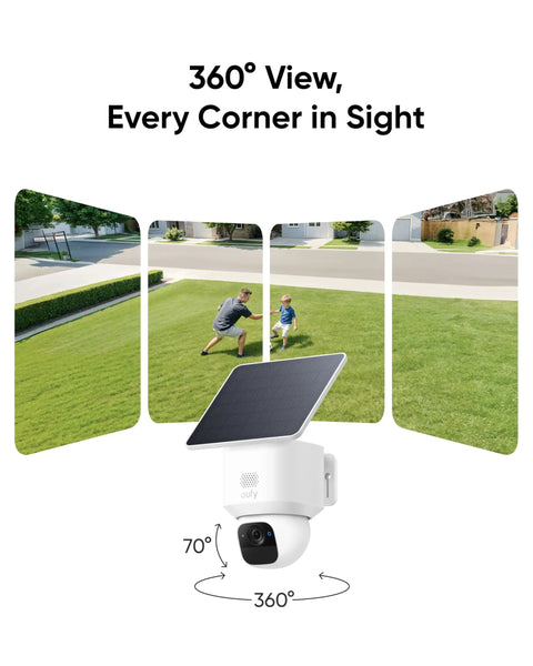 Outdoor solar security camera showcasing 360-degree pan and tilt view with AI tracking, part of 4 Cam Wireless Outdoor Solar Security Camera System.