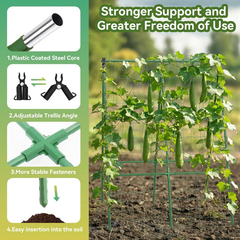 Two Pack 34 By 48 Inch A Frame Garden Trellis for Climbing Plants Outdoor with cucumbers growing, highlighting features.