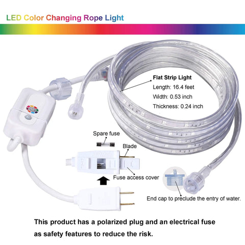 33ft Flat Flexible LED Rope Lights with Remote Control Color Changing RGB Strip 8 Colors and Modes Dimmable Waterproof
