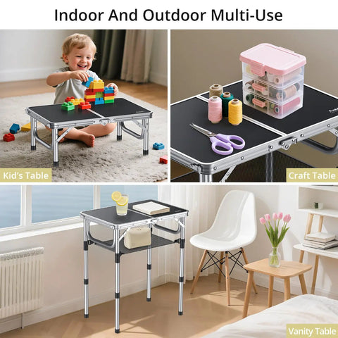 Folding Camping Table With Aluminum Build 24 Inch By 16 Inch Portable Table Lightweight Yet Sturdy Waterproof For Outdoor Or Indoor Use Three Height Adjustable Legs Up To 27 Inches Comes With Handy Carrying Handle For Picnic Beach BBQ, shown in various settings such as kid's, craft, and vanity table uses.