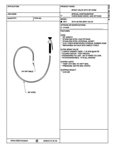 Ultra Spray Valve With 36 Inch Hose, Energy Saver 1.15 GPM, Faster Cleaning, Interchangeable Design Fits All Brands, Temperature Range 40 To 140 Degrees, Heavy Duty Sprayer Attachment diagram