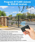Hand holding gate remote for 811LMX compatible with 850LM and 860LM receiver Security Plus 2.0 near metal gate