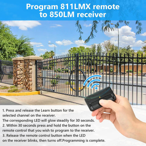 Hand holding gate remote for 811LMX compatible with 850LM and 860LM receiver Security Plus 2.0 near metal gate
