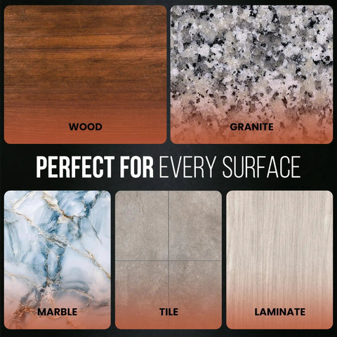 Image showcasing surfaces like wood, granite, marble, tile, and laminate for One Gallon Epoxy Resin Kit For Countertops And Bar Tops.