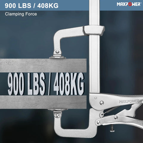 Beefy Heavy Duty Sliding Arm Locking C Clamp 12 Inch in use with a clamping force of 900 lbs / 408 kg showing metal grip