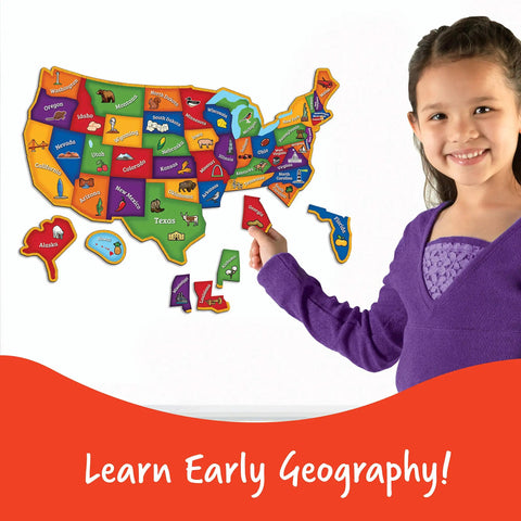 Child playing with Magnetic US Map Puzzle For Kids Kid Friendly Geography Tool With State Names And Shapes Hands On Learning
