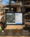 Hella Tough Eight Inch Rugged Android Tablet With 4G LTE Dual Sim Cellular, IP69K Waterproof Night Vision Lens, Rock Solid Field Ready Powerhouse For Construction Crews And Outdoor Tech Hustle in use on construction site.