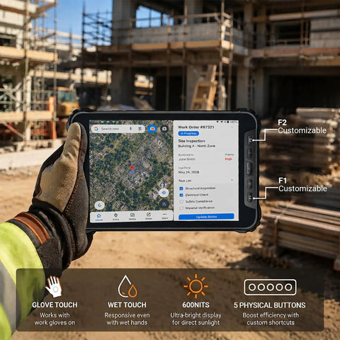 Hella Tough Eight Inch Rugged Android Tablet With 4G LTE Dual Sim Cellular, IP69K Waterproof Night Vision Lens, Rock Solid Field Ready Powerhouse For Construction Crews And Outdoor Tech Hustle in use on construction site.