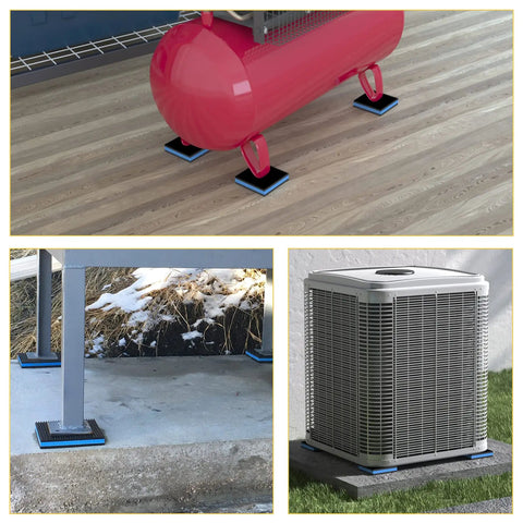 4 Pack Rubber Anti Vibration Pads for Air Conditioners and HVAC Systems in use with compressors, showing noise reduction capabilities.