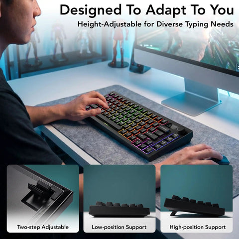 Top Tier Mechanical Gaming Keyboard With Glowing LCD Screen And Control Knob Triple Mode Wireless Gasket Mount Hot Swappable Linear Red Switches For Your Sick Gamer Rig on a desk with height-adjustable support.