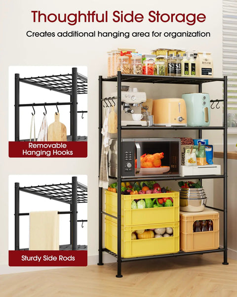 Kick Clutter Out With These Four Tier Storage Shelves Packing Six Tough As Nails Hooks And Self Leveling Feet No Sweat Assembly Rust Proof Steel Organizer Rack For Garage Kitchen Bedroom Black, showcasing side hooks and storage.