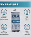 Image of LeakFix Spray Waterproof Roof Sealant 2 Pack 13.5 Fl Oz Each shown with key features including flexibility and durability.