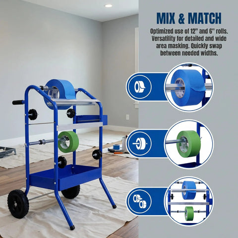 Mobile 18 Inch Multi Roll Masking Paper Machine with storage trays, holding blue and green tape rolls for painting prep.