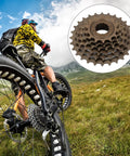 Cyclist on trail with inset of 6 Speed Bike Freewheel Set 14T To 28T Threaded Type Mountain Bike Replacement Part